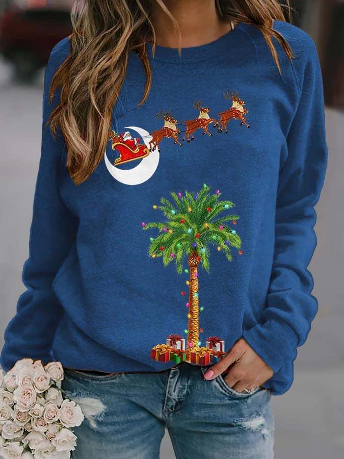Vintage Christmas South Carolina Santa Palmetto Tree Print Sweatshirt