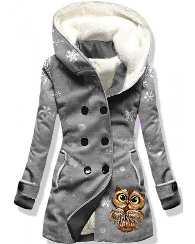 Fleece Warm Owl Winter Warm Casual Print Sports Coat