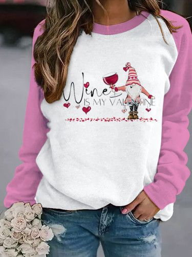 Wine Valentine Gnome Print Pink Sweatshirt