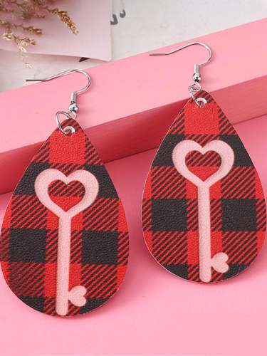 Valentine's Day Black Red Plaid Love Peach Heart Key Earrings