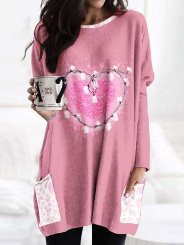 Valentine's Day Pink Heart Print Pocket Top