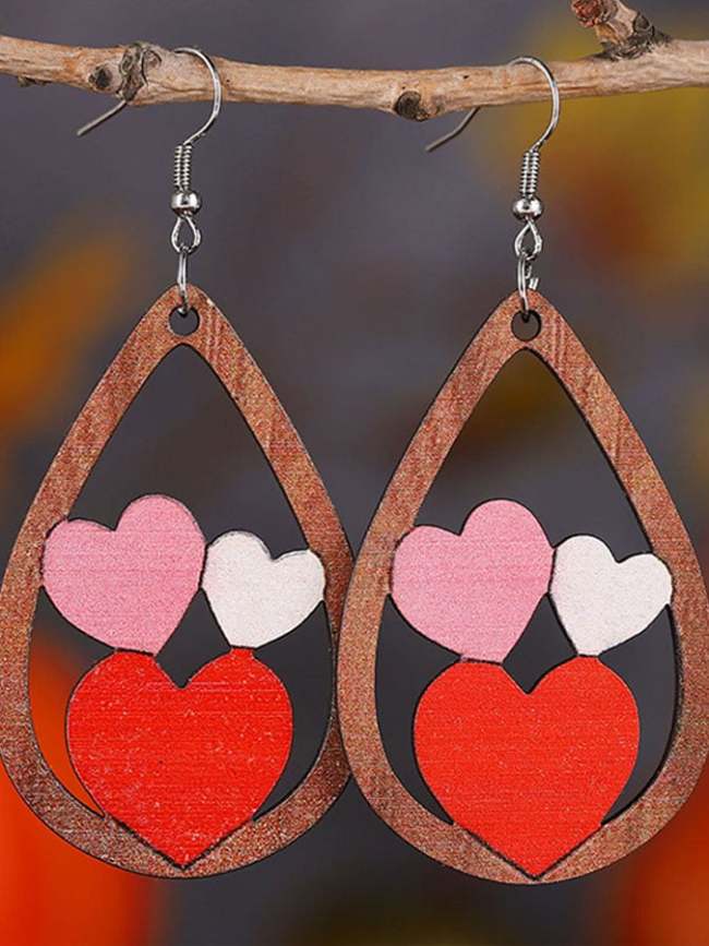 Valentine's Day Water Drop Love Earrings Wooden Earrings