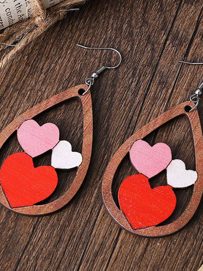 Valentine's Day Water Drop Love Earrings Wooden Earrings