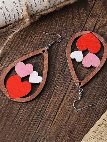 Valentine's Day Water Drop Love Earrings Wooden Earrings