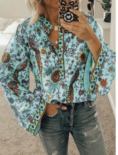 Women's Peacock Print Loose Long Sleeve Shirt