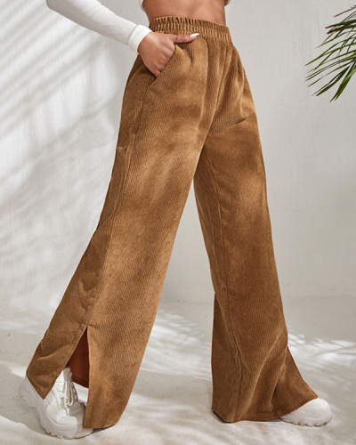 Casual Solid Color Corduroy Slit Pants