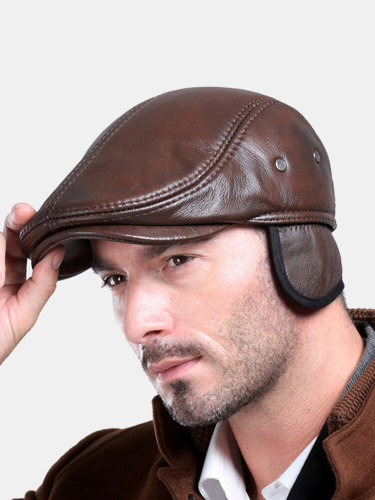 Men Classic Genuine Cowhide With Ear Flaps Beret Hats Casual With Ventilation Holes Flat Caps