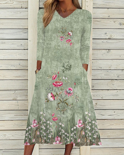 Vintage Floral V-Neck Long Sleeve Midi Dress