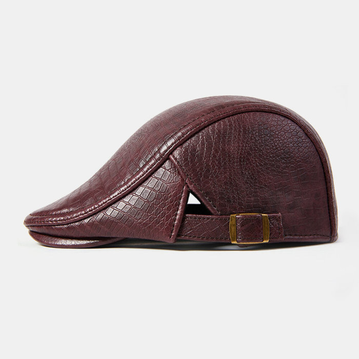 Collrown Men Genuine Leather Alligator Pattern Retro Casual Solid Keep Warm Winter Forward Hat Beret Hat