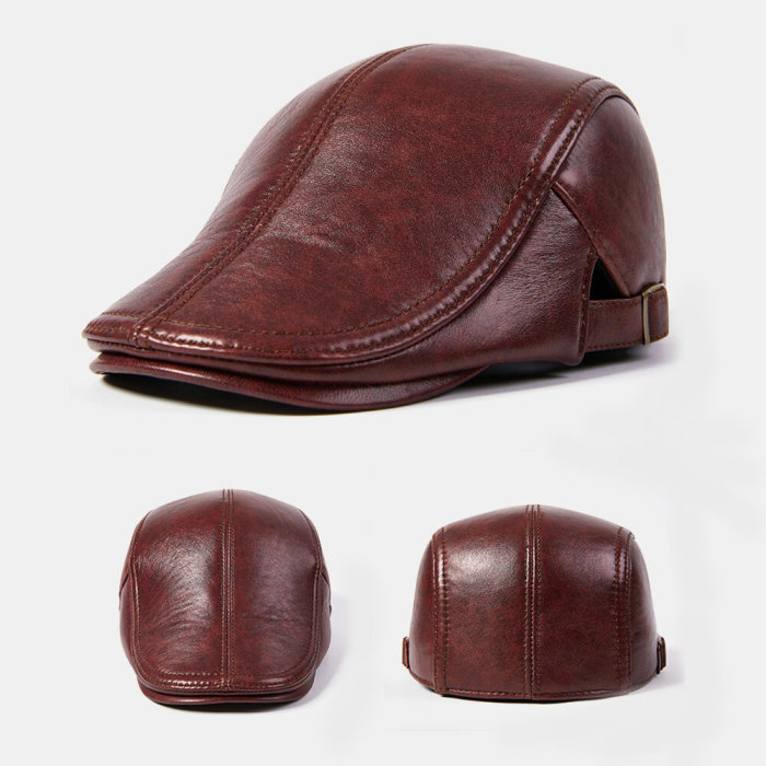 Collrown Men Genuine Leather Alligator Pattern Retro Casual Solid Keep Warm Winter Forward Hat Beret Hat