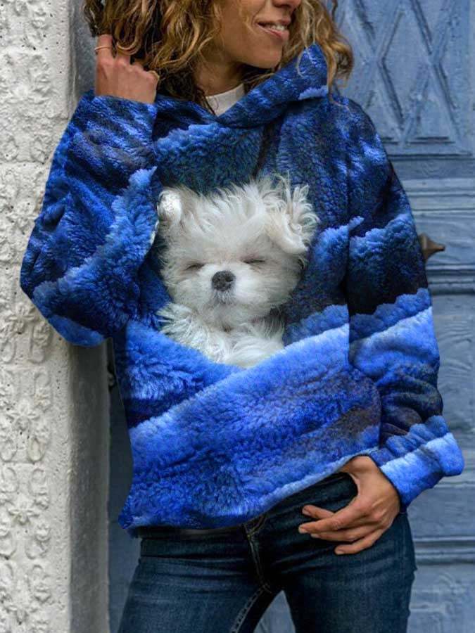 Modisches Langarm-Sweatshirt mit Kapuze und Hundedruck