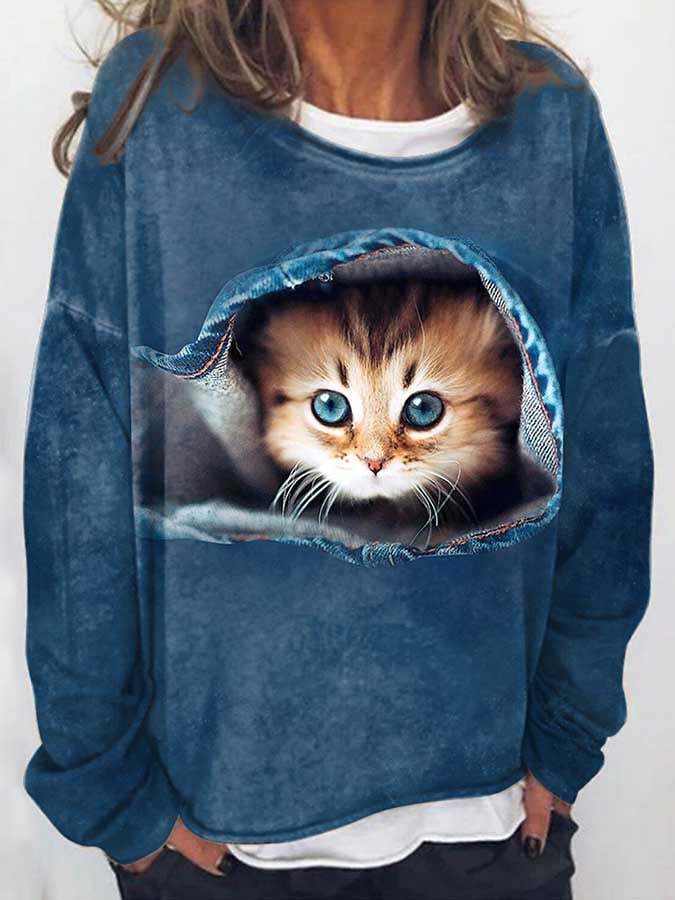 Modisches Langarm-Sweatshirt mit Katzendruck