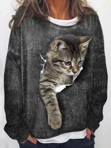 Modisches Langarm-Sweatshirt mit Katzendruck