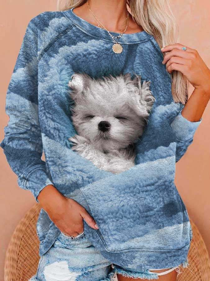 Fashion Dog Print Langarm-Sweatshirt