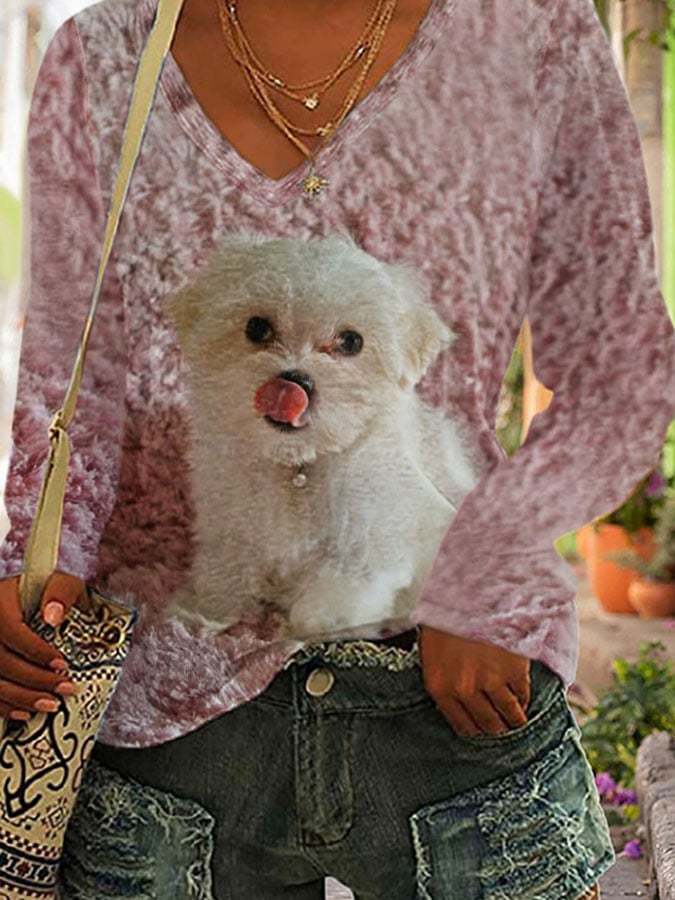Trendiges Langarm-T-Shirt mit Hunde-Print