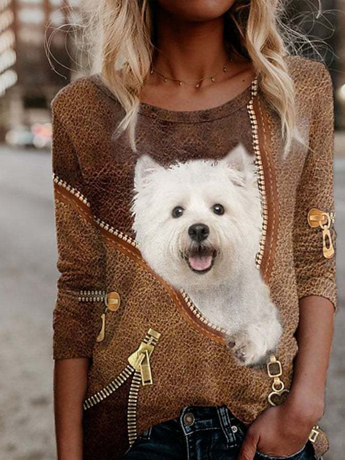 Trendiges Langarm-T-Shirt mit Hunde-Print