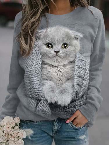 Fashion Cat Print Langarm-Sweatshirt