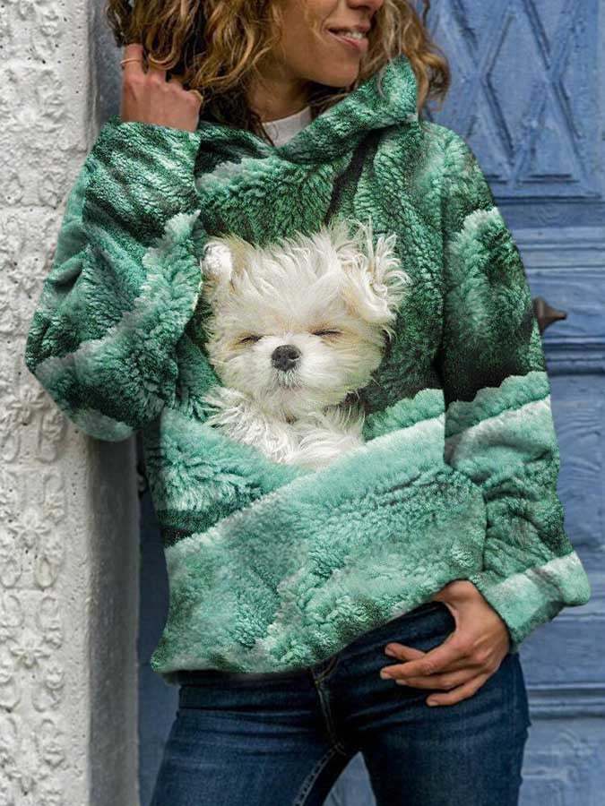 Modisches Langarm-Sweatshirt mit Kapuze und Hundedruck