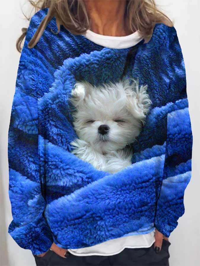 Langärmliges, lockeres Sweatshirt mit modischem Hundedruck