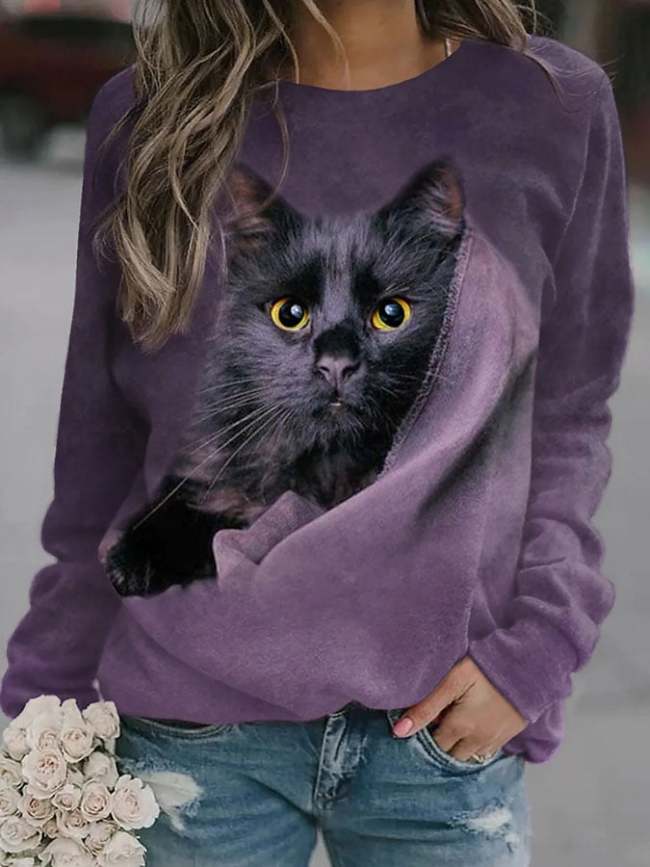 Fashion Cat Print Langarm-Sweatshirt