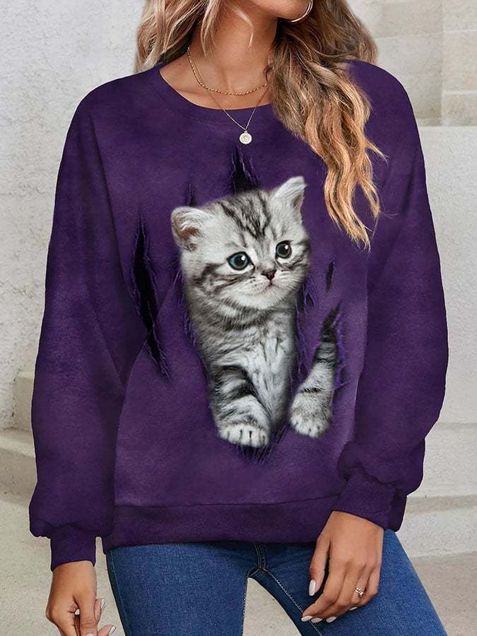 Fashion Cat Print Langarm-Sweatshirt