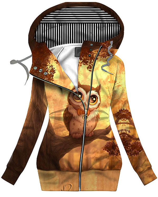 Owl Art Print Hooded Coat