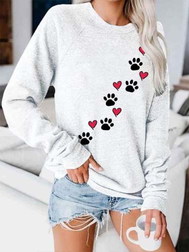 Women's Heart Dog Paw Print Casual Sweatshirt