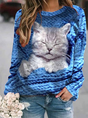 Damen-Sweatshirt mit süßem Katzendruck