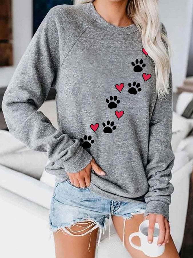 Women's Heart Dog Paw Print Casual Sweatshirt