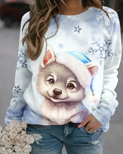 Snowflake Wolf Casual Print Sweatshirt