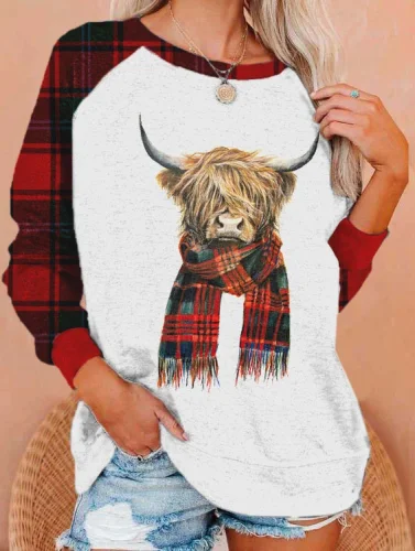 Women's Highland Cow Print Casual Crewneck Sweatshirt