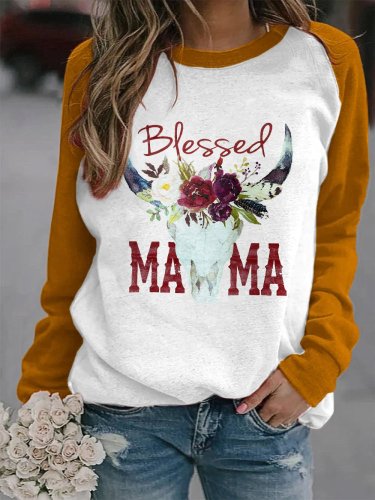 Women's Blessed Mama Bull Skull Western Print Sweatshirt