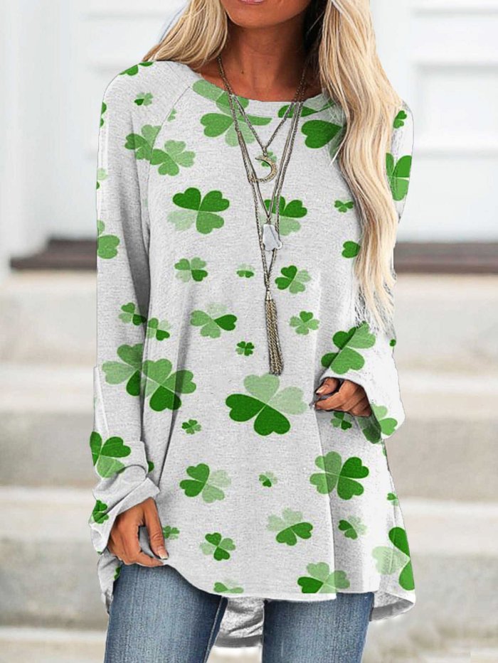 Women's Casual Lucky Four Leaf Clover Print Top