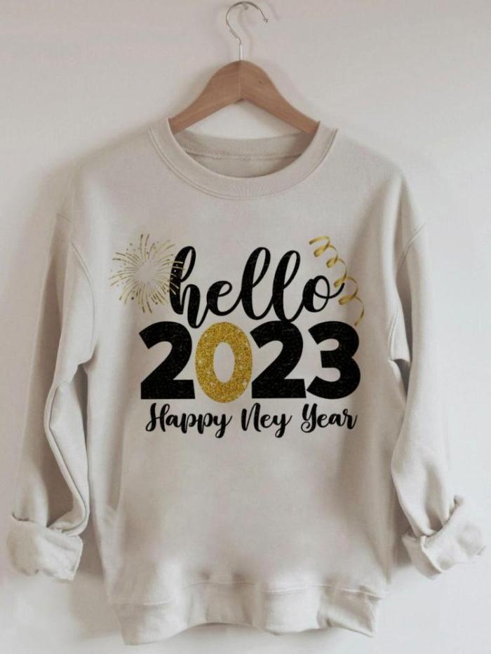 Women's Hello Happy New Year 2023 Letter Print Sweatshirt