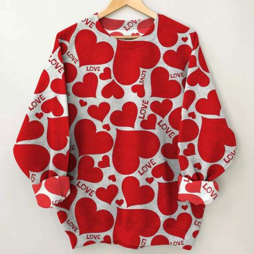 Women's Red Love Print Round Neck Sweatshirt