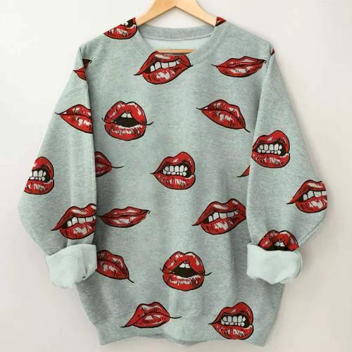 Women's Red Mouth Print Round Neck Sweatshirt
