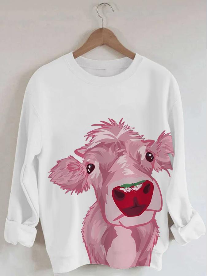 Women's Pink Cow Print Long Sleeve Round Neck Sweatshirt