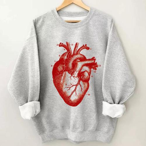 Women's Red Heart Print Round Neck Sweatshirt