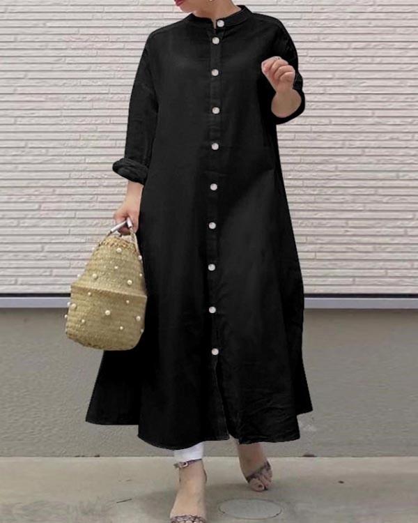 Cotton Temperament Solid Color Long Sleeve Loose Shirt Dress