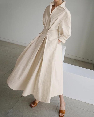 Elegant Solid Color Long Sleeve Shirt Dress