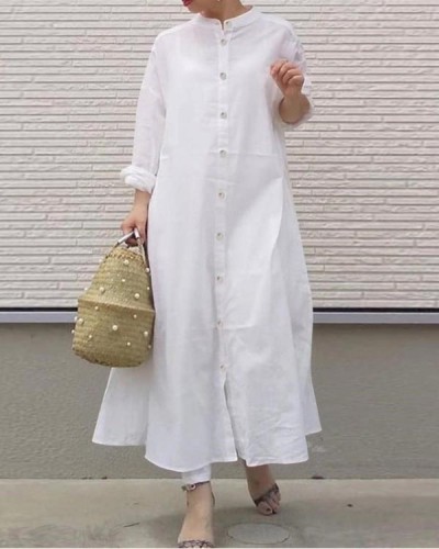 Cotton Temperament Solid Color Long Sleeve Loose Shirt Dress