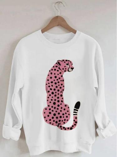 Women's Pink Cheetah Print Long Sleeve Round Neck Sweatshirt