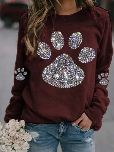 Women's Dog Paw Rhinestone Print Sweatshirt