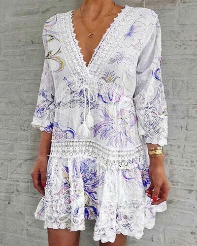 Casual V-neck Printed Mid-sleeve Hollow Sexy Dress