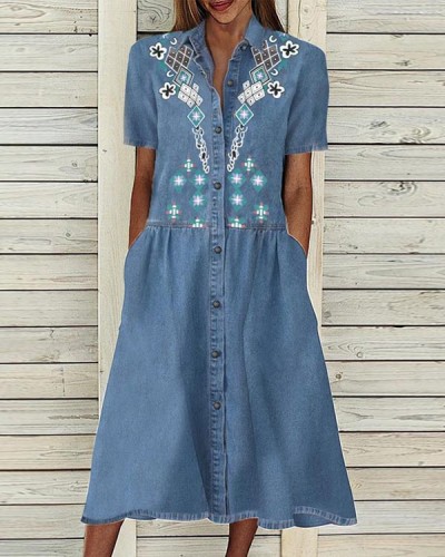 Casual Denim Breasted Loose Lapel Dress