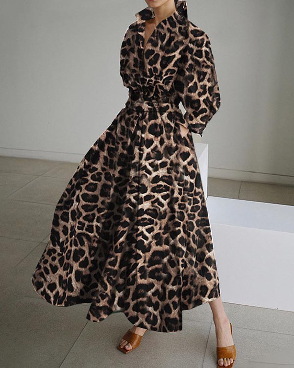 Temperament Commuter Lapel Leopard Shirt Sleeves Loose Dress