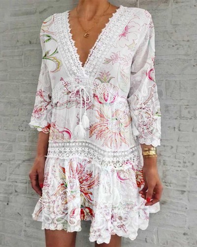 Casual V-neck Printed Mid-sleeve Hollow Sexy Dress