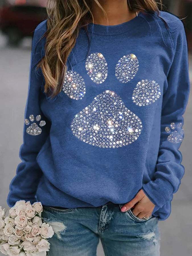 Women's Dog Paw Rhinestone Print Sweatshirt