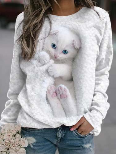 Fashion Cat Print Long-Sleeve Sweatshirt