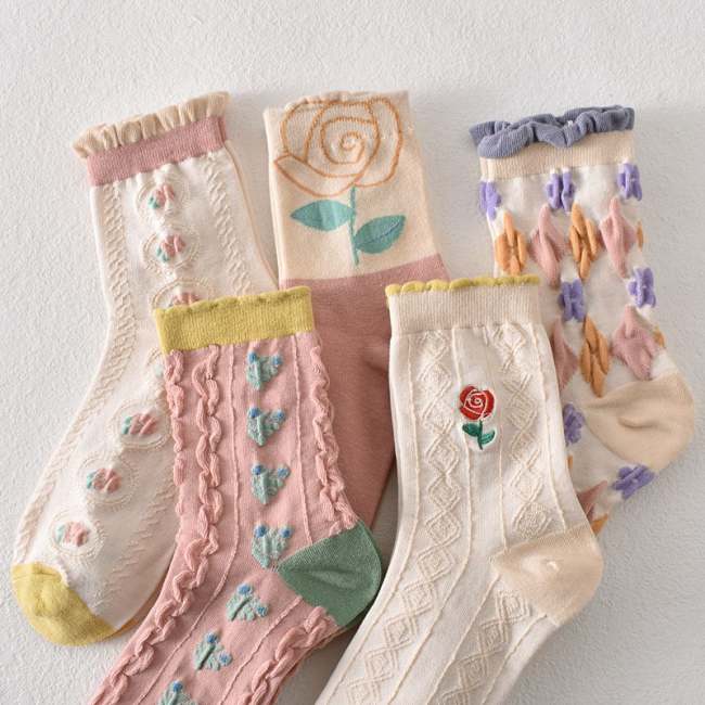 New Year Sale 50%OFF-5 pairs of women's pink floral cotton socks